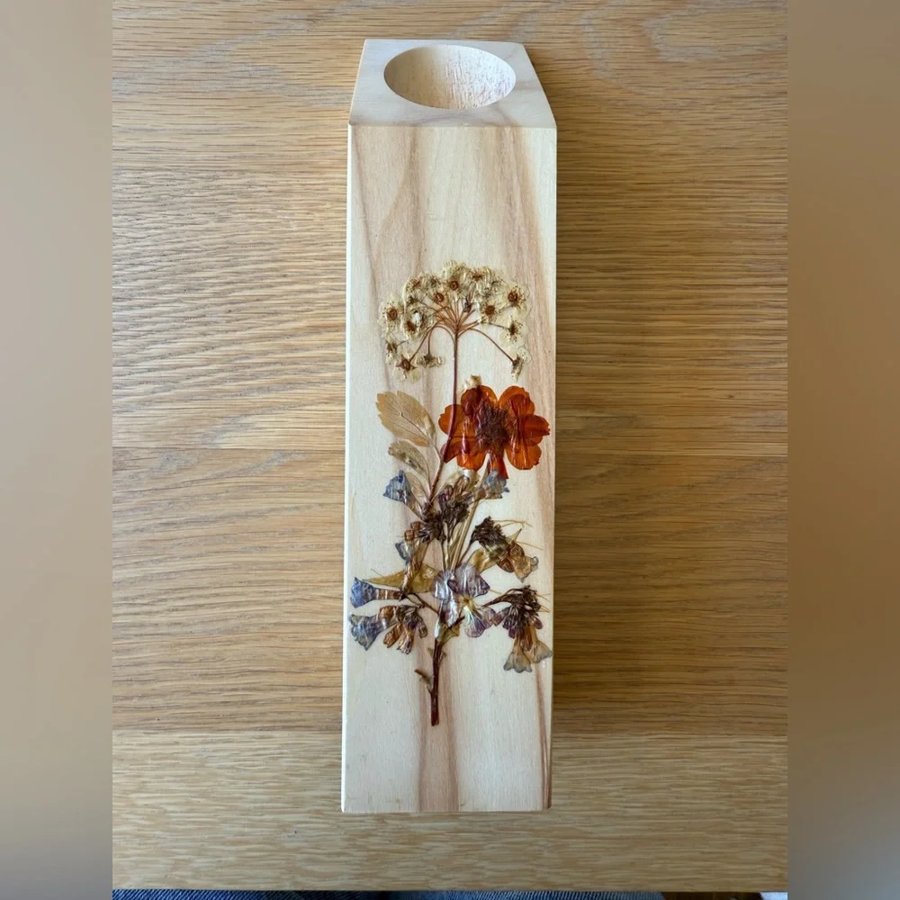 Veronica’s Aspen Works Vintage Tall Wood Match Holder Floral Dried Flowers 11.5”